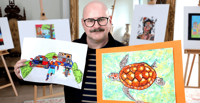 A work entitled ‘The Runner’ (left) by a pupil from St. Nicholas’ Monastery National School and another entitled ‘Mr.Turtle’, by a pupil from Muire na nGael National School.