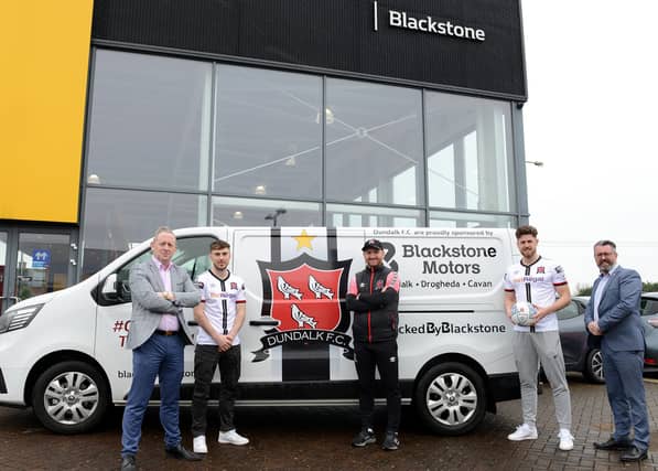 Dundalk FC's Dan Williams, head coach Stephen O'Donnell and Sam Bone pictured with Donal Waters and Noel Stewart of Blackstone Motors