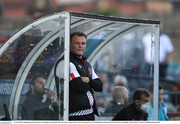 Jim Magilton in the dug out during his time as interim Dundalk manager. (Pic: Sportsfile)