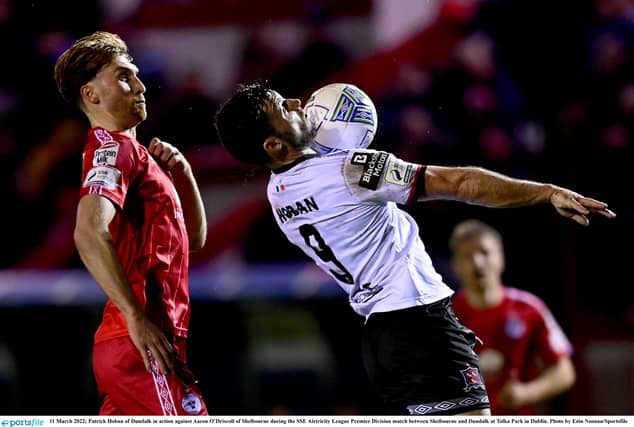 Patrick Hoban of Dundalk in action against Aaron O’Driscoll of Shelbourne. (Photo Eoin Noonan/Sportsfile)