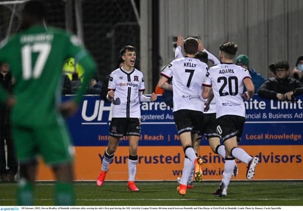 Steven Bradley of Dundalk celebrates after scoring his side's first goal during the SSE Airtricity League Premier Division clash with Finn Harps at Oriel Park. (Pic: Ramsey Cardy/Sportsfile)
