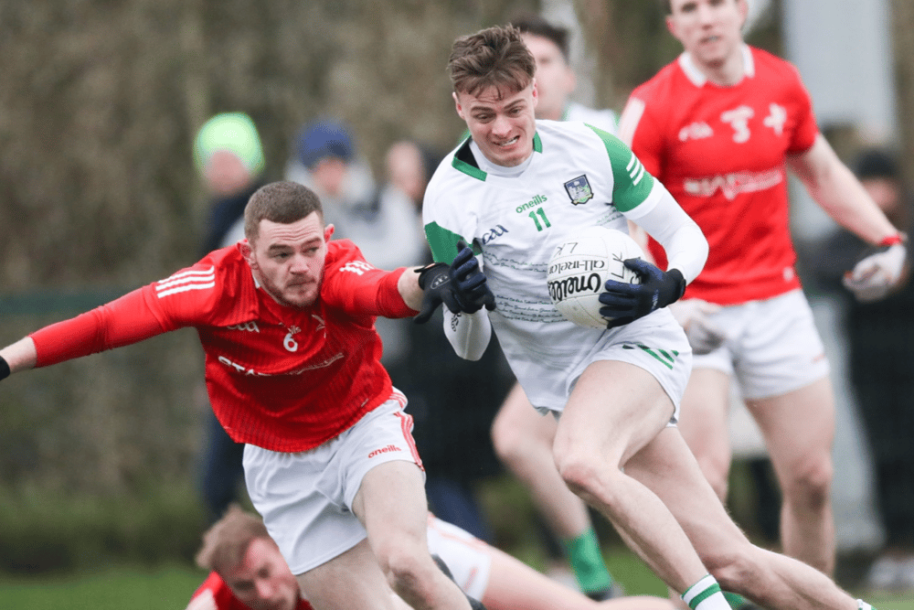 Louth's Brian Sharkey tries to get the ball from Limerick's Brian Donovan during their Division 3 Allianz Football League fixture at UL North Campus on Sunday. (Pic: Keith Wiseman)