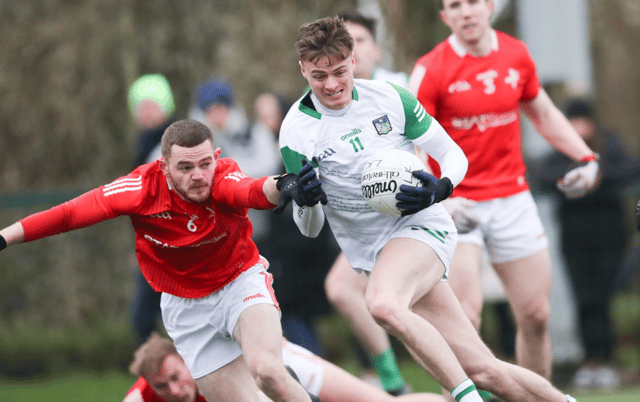 Louth's Brian Sharkey tries to get the ball from Limerick's Brian Donovan during their Division 3 Allianz Football League fixture at UL North Campus on Sunday. (Pic: Keith Wiseman)