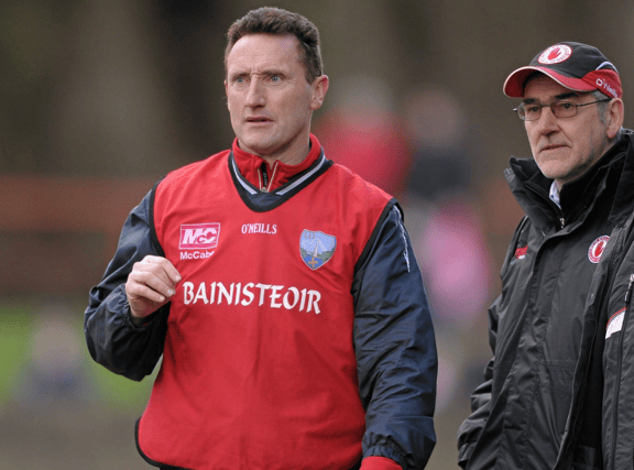 Peter Fitzpatrick and Mickey Harte as Louth and Tyrone managers respectively during an Allianz Football League Division 2 clash in 2012.