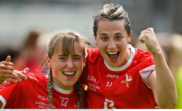 Lauren Boyle, left, and Denise McKenna celebrate after winning the Lidl Ladies Football National League Division 4 Final against Leitrim. Pic: Photo by Brendan Moran/Sportsfile