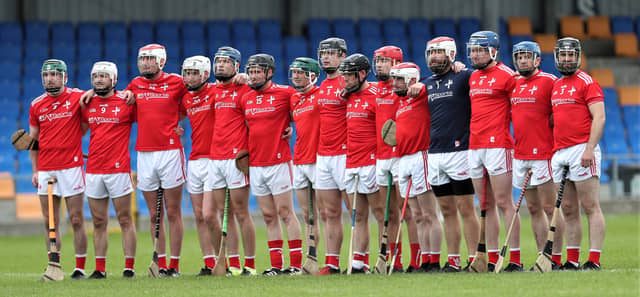The Louth Hurling team line up for the National Anthem ahead of their clash in the Lory Meagher Cup with Longford. Photo: Syl Healy