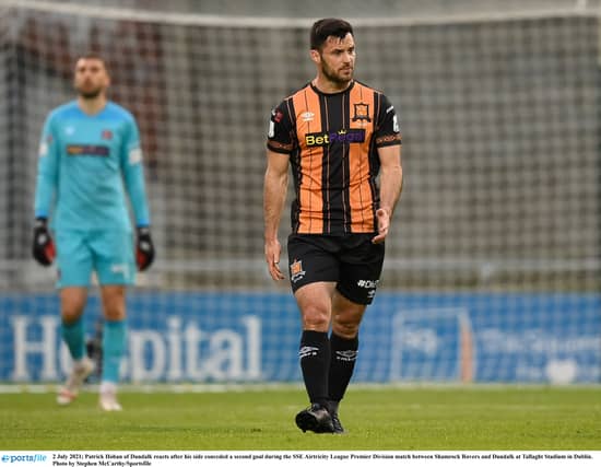 A dejected Pat Hoban right after Dundalk conceded a second goal in last night's clash with Shamrock Rovers. Pic: Stephen McCarthy/Sportsfile