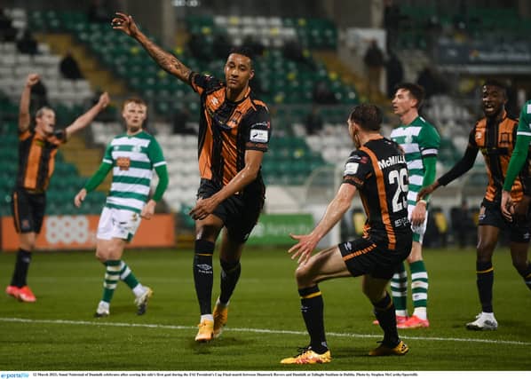 Sonni Nattestad celebrates after scoring his side's first goal during the FAI President's Cup Final against Shamrock Rovers. Photo: Stephen McCarthy/Sportsfile
