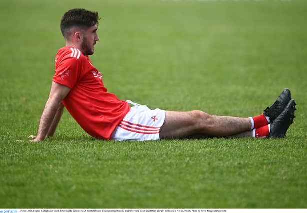A dejected Eoghan Callaghan falls to the floor following Louth's defeat to Offaly after extra time in Páirc Tailteann, Navan. Photo by David Fitzgerald/Sportsfile