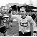 Barry Kehoe and Alan O'Neill celebrate after winning the 1988 FAI Cup final against Derry City - completing the league and cup double. (Pic: Sportsfile)