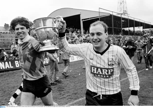 Barry Kehoe and Alan O'Neill celebrate after winning the 1988 FAI Cup final against Derry City - completing the league and cup double. (Pic: Sportsfile)
