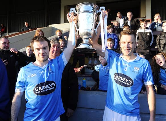 Newtown Blues' Colm Judge and Andy McDonnell hold the Joe Ward Cup aloft after today's senior final victory over Naomh Máirtín. (Pic: Arthur Kinahan)