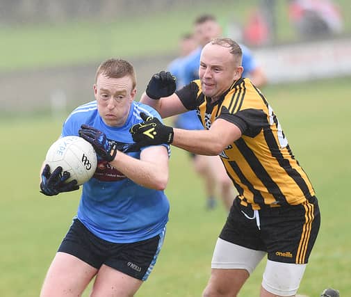 Glyde Rangers' Brian Duffy and Thomas Moran of Na Piarsaigh during this year's Anglo Printers JFC semi-final. (Pic: Arthur Kinahan)