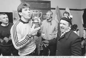 Dundalk FC ’keeper Alan O’Neill kisses the League Cup after his side beat Derry City 4-1 on penalties after the League Cup final ended 1-1. (Pic: Sportsfile)