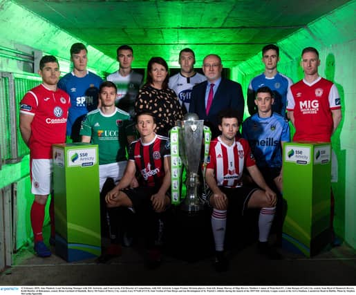 FAI competitions' chief Fran Gavin with members of the 10 Premier Division clubs and sponsor SSE Airtricity at the league's launch. (Pic: Sportsfile)