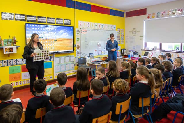 Helen Hanratty, Biodiversity Officer at Louth County Council, pictured with Meadow Magic co-writer, producer and director Aoibhéann McCann at Mullaghbuoy NS - Credit: Ryan Duffy