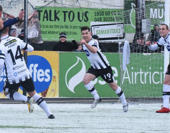 Ronan Murray celebrates his second goal for Dundalk FC in the President's Cup game at Oriel Park. (Pic: Ciarán Culligan)