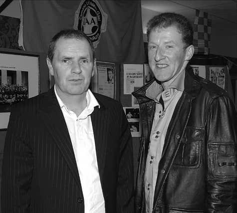John McDonnell, captain of the Cooley Senior Championship winning team of 1989, and Brendan Burke, captain of the 1990 winning team, at the function to honour the last Cooley teams to win Joe Ward.