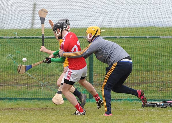 Louth's Michael Ryan scores his side's opening goal in today's victory. (Pic: Arthur Kinahan)
