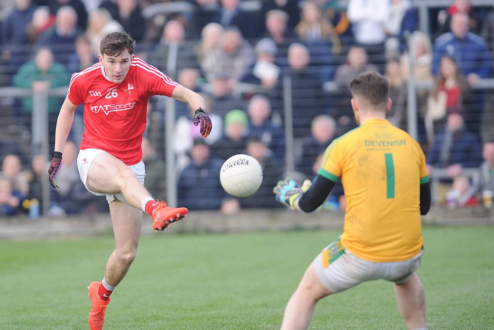 Sam Mulroy sees this shot saved by Meath goalkeeper Jack Hannigan
