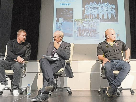 Left to right: Liam Burns Dundalk FC, Matt Dempsey, President RDS, Callum Black, Ulster Rugby at Dundalk Grammar School.