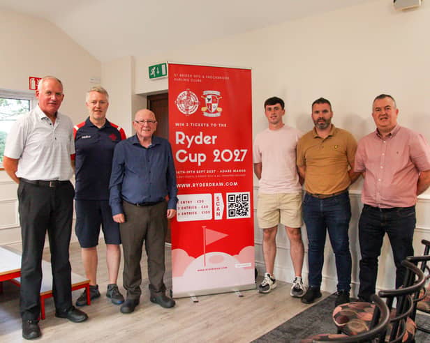 Host Colm Corrigan, Liam Preston Development Committee, Tommy Smyth  Sports Commentator with ESPN from Knockbridge, Kieran McArdle Louth County senior player and St Brides Senior player, Ronan Byrne  Chairman Knockbridge Hurling Club and Enda Marry PRO St Brides GAA at the launch of the fundraising Ryder Cup Draw