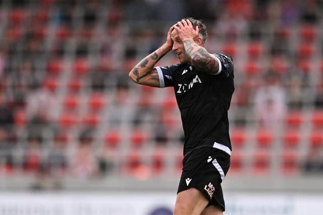 Rob Cornwall of Dundalk reacts during the Club Orange Mens FAI Cup quarter-final defeat