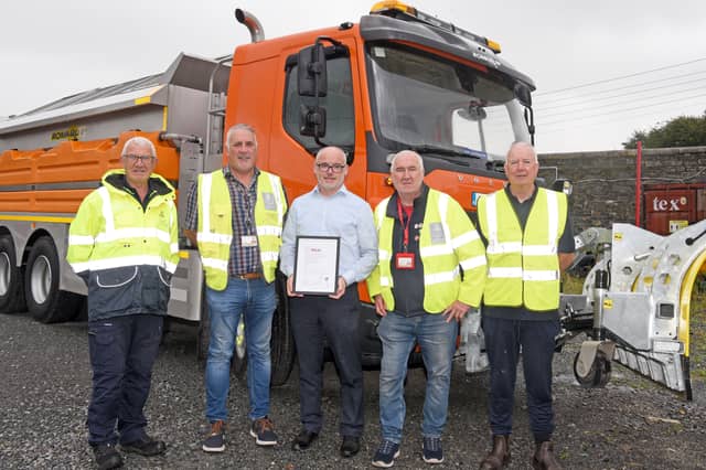 Eugene Birch, Litter Warden; Jerome Lambe, Head of Safety; Finbar Gethins, Senior Executive Officer; Richard Sullivan, Craft Foreman; and Pat Casey, Foreman, pictured with Louth County Council's I.S. ISO 45001:2018 certification.