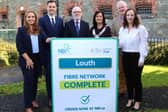 (L-R) Nikki Campbell, Head of Enterprise, Local Enterprise Office Louth; Wayne Macken, Broadband Officer, Louth County Council; Feargal Ó Coigligh, Secretary General, Department of Culture, Communications & Sport; Cllr. Dolores Minogue, Cathaoirleach of Louth County Council; David Conway, Chief Executive, Louth County Council and Mairead Meyer, Chief Operations Officer, National Broadband Ireland at the National Broadband Plan milestone completion event in Louth