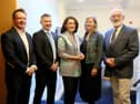 Pictured at Community Finance Ireland's 25th anniversary celebration in Leinster House with Dónal Traynor, Group CEO of Community Finance Ireland, are CFI clients (l-r): Phil Thompson, CEO of Tiglin, Miriam Spollen, Founder of Connections Arts Centre and Joe Fahy of Kilberry Tennis and Padel Club.  