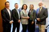 Pictured at Community Finance Ireland's 25th anniversary celebration in Leinster House with Dónal Traynor, Group CEO of Community Finance Ireland, are CFI clients (l-r): Phil Thompson, CEO of Tiglin, Miriam Spollen, Founder of Connections Arts Centre and Joe Fahy of Kilberry Tennis and Padel Club.  