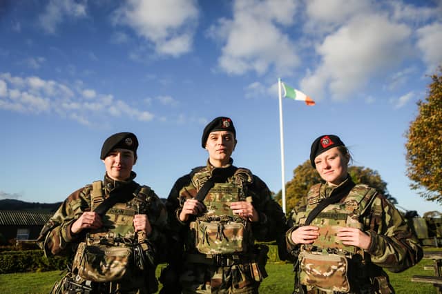(Left to right) Corporal Leah Dolan, Gunner Gabrielle Erichovaite and Private Muireann Cullen during the 69th Infantry Group Mission Readiness Exercise (MRE) in the Glen of Imaal, Co Wicklow, in preparation for deployment to the United Nations Interim Force in Lebanon (Unifil).