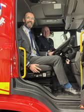 Cathaoirleach of Monaghan County Council, Cllr Aidan Campbell, and Chief Fire Officer, Dermot Brannigan, pictured in the cab of Monaghan County Council's new Class B Fire Appliance following its official handover at Monaghan Fire Station