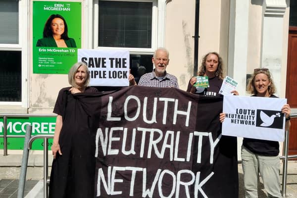 Louth Neutrality Network protesting outside the office of Louth Fianna Fáil TD Erin McGreehan