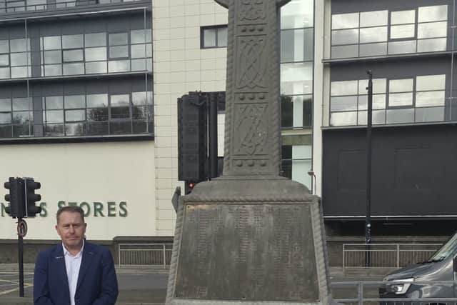 Cllr Declan Power, Mayor of the Borough District of Drogheda, pictured at the Cenotaph in Drogheda, which records the names, ranks and regiments of the men from Drogheda and the surrounding area who lost their lives during the First World War