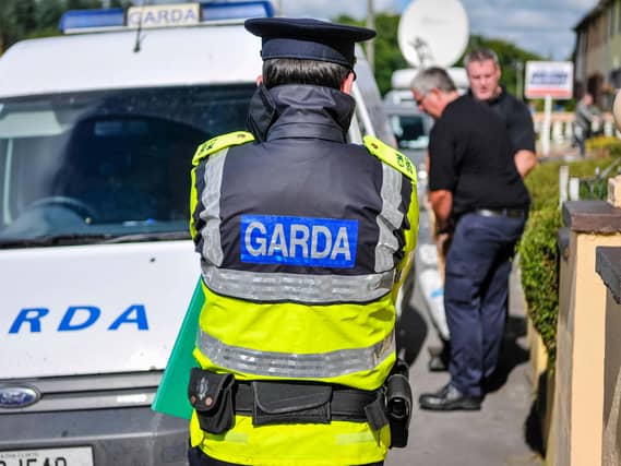 A Garda officer, with their back to the camera, beside a Garda van parked on a street