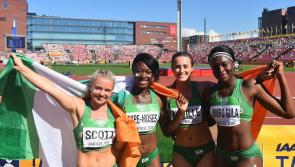President Higgins congratulates Dundalk sprinters Jumbo-Gula and Akpe-Moses after World silver medal win