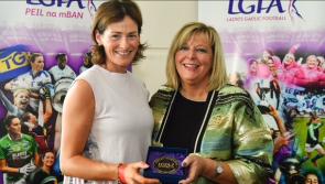 Cooley Kickhams' Joan Duffy received a special medal from LGFA President Marie Hickey on All-Ireland finals day at Croke Park