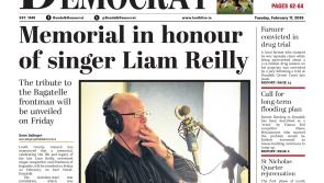 This week's Dundalk Democrat front page: Memorial in honour of singer Liam Reilly