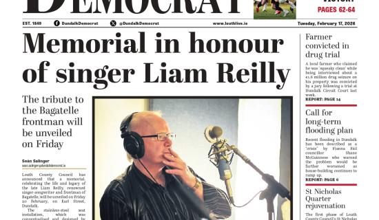 This week's Dundalk Democrat front page: Memorial in honour of singer Liam Reilly