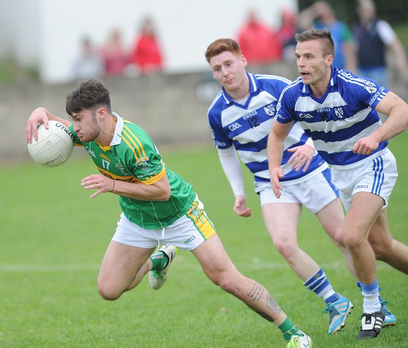 Ben McLaughlin of the Sean O'Mahony's gets away from Dundalk Gaels' Shane Rice and Jason Clarke in the Louth SFC semi-final