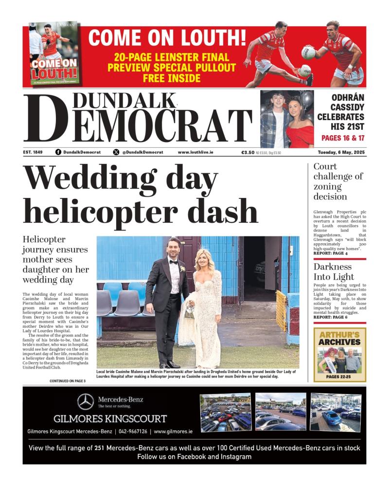 This week's Dundalk Democrat front page:  Wedding day helicopter dash