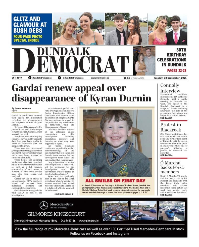 This week's Dundalk Democrat front page: Gardaí renew appeal over disappearance of Kyran Durnin