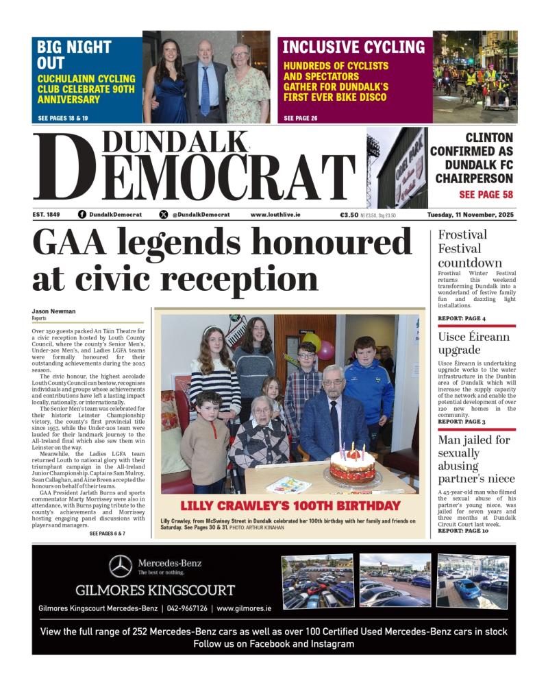 This week's Dundalk Democrat front page: GAA legends honoured at civic reception