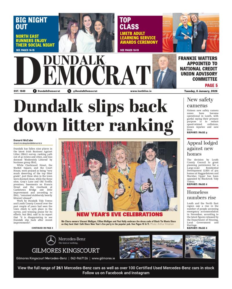 This week's Dundalk Democrat front page: Dundalk slips back down litter ranking