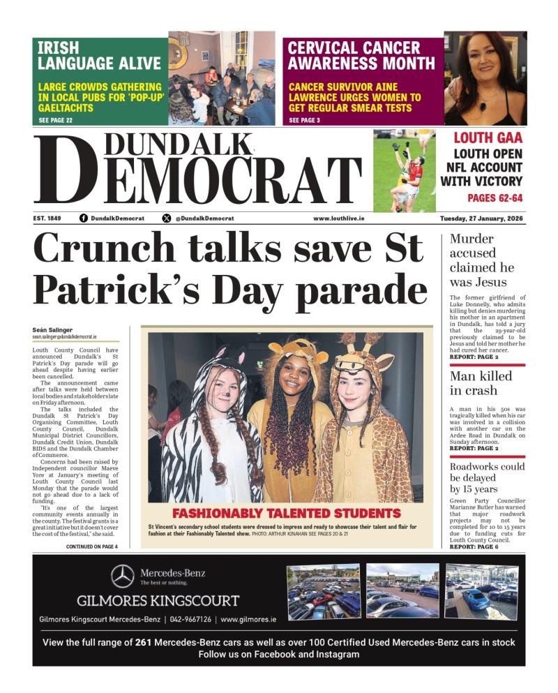 This week's Dundalk Democrat front page: Crunch talks save St Patrick&rsquo;s Day parade