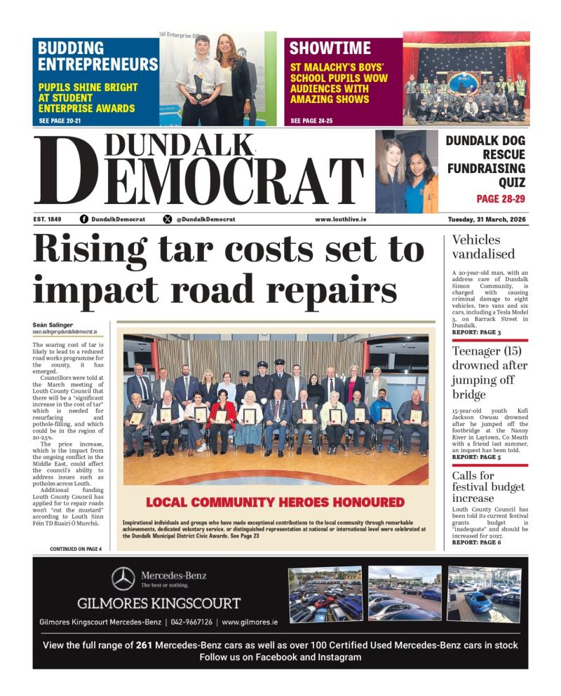 Dundalk Democrat Front Page: Rising tar costs set to impact road repairs