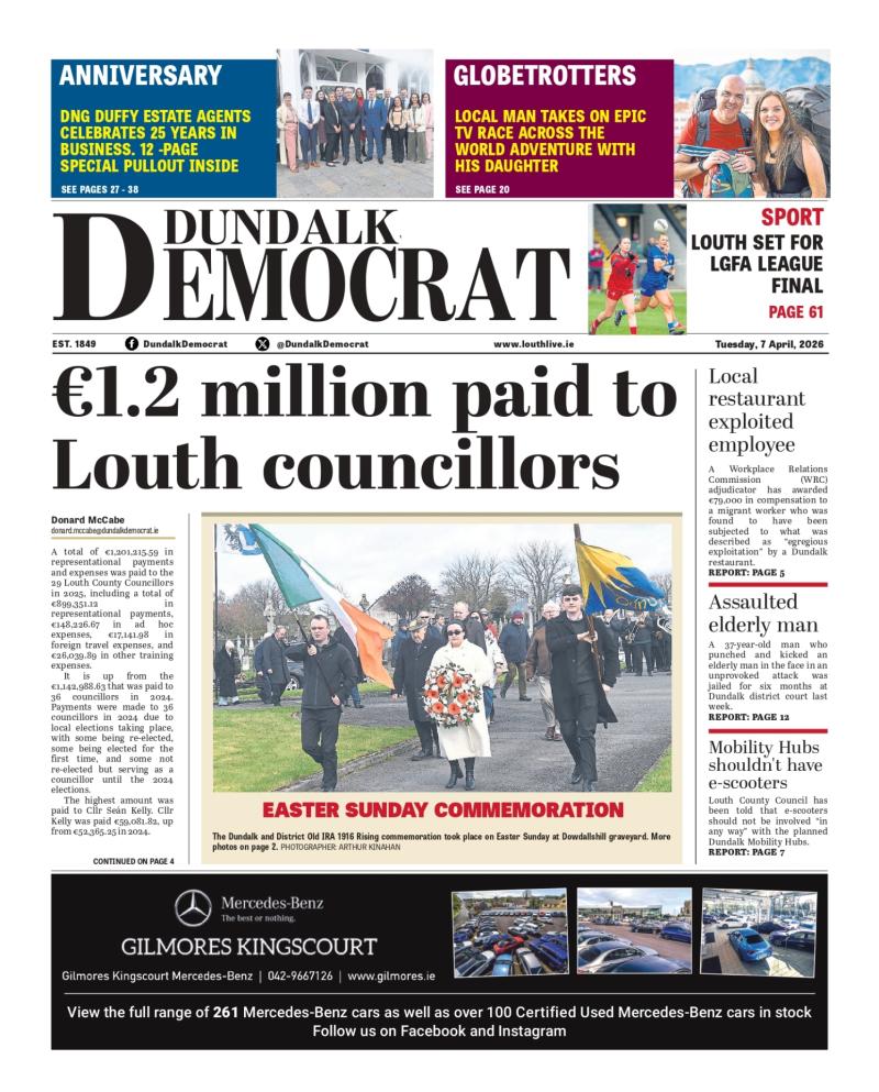 This week's Dundalk Democrat front page: &euro;1.2 million paid to Louth councillors 