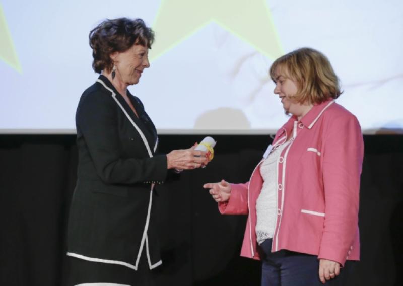 Louth County Manager Joan Martin receives the three-star reference site award from EU Vice-President Neelie Kroes at the "Reference Sites" award ceremony for excellence in the field of innovation for active and healthy ageing in Brussels.